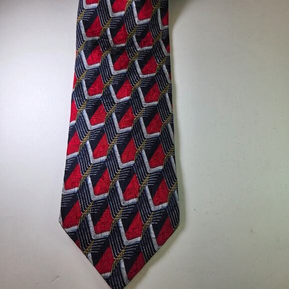 Ermenegildo Zegna Silk Tie Geometric Red Navy Gold Made in Italy 58" - Picture 2 of 10